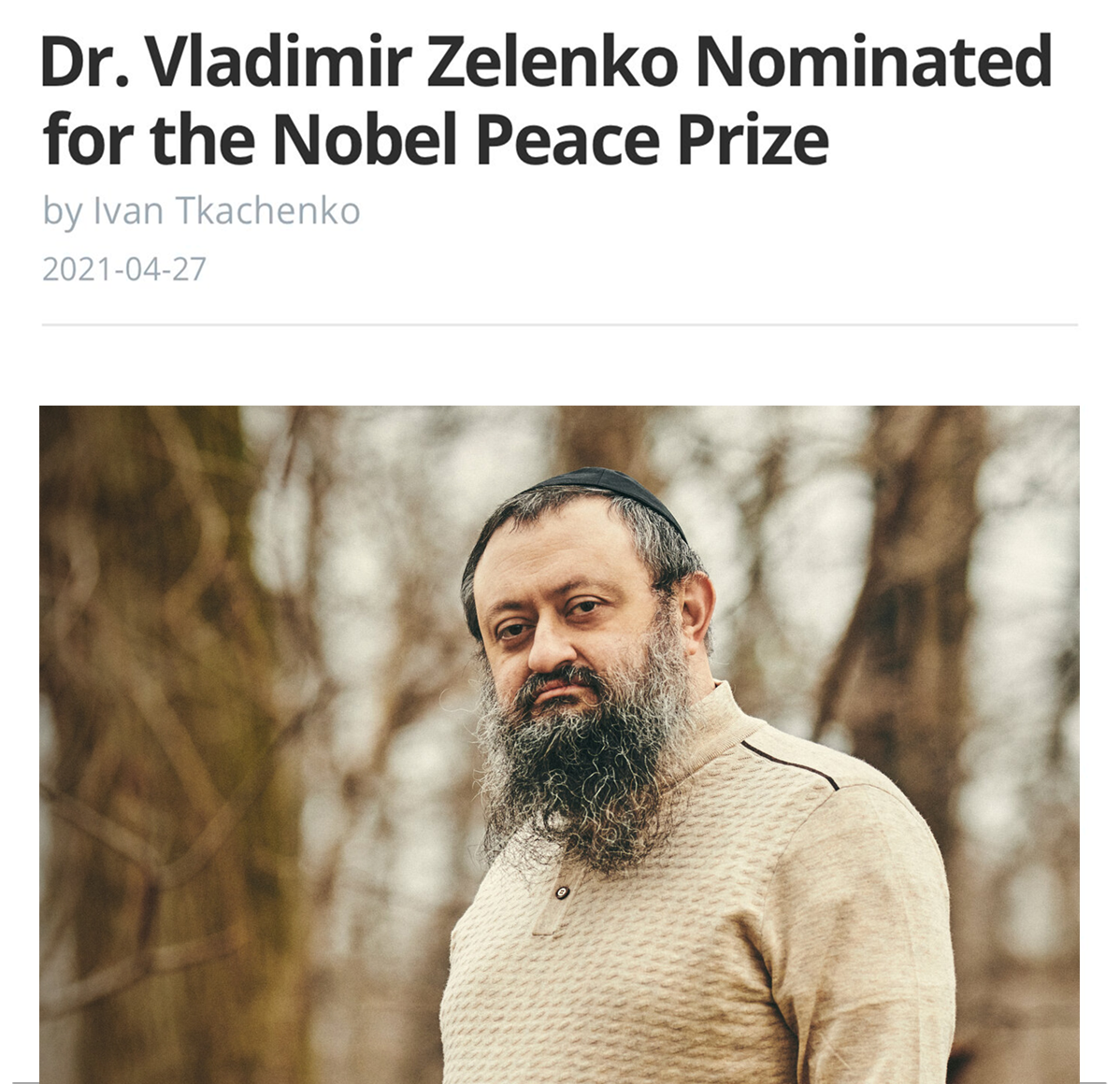 News article of Dr. Zelenko nominated for the Nobel Peace Prize